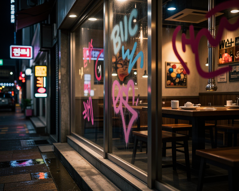 Vandalized Korean Restaurant Night Scene